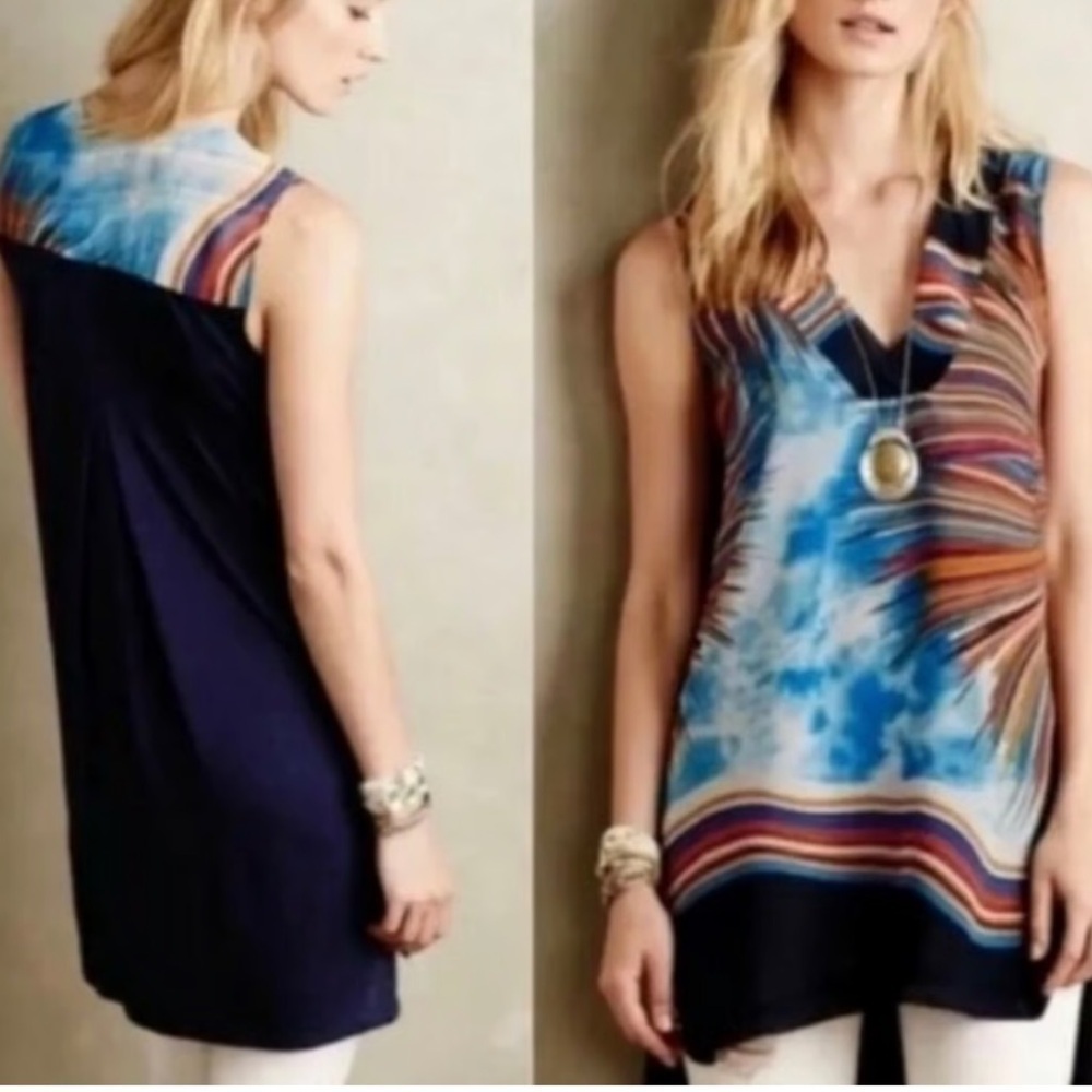 Anthropologie Tiny‎ Blue Multicolor Sleeveless Tunic Top Size Small
